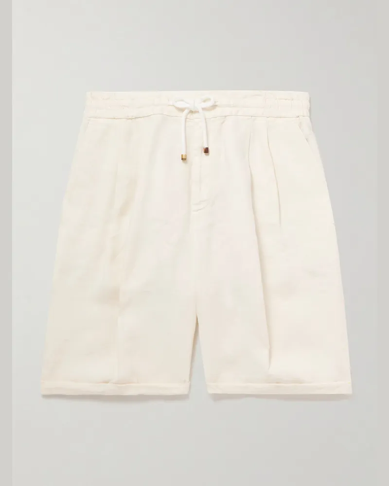 Brunello Cucinelli Gerade geschnittene Bermudashorts aus Leinen mit Bundfalten und Kordelzugbund Weiß