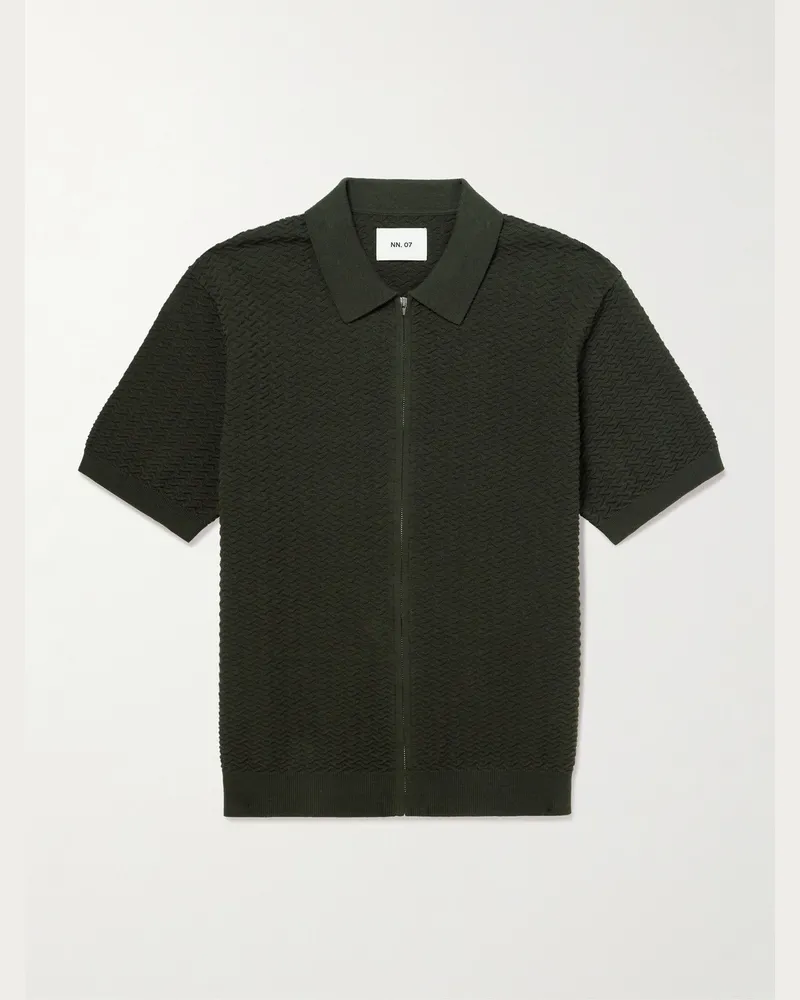NN 07 Gustav 600160 Textured Organic Cotton Zip-Up Polo Shirt Green