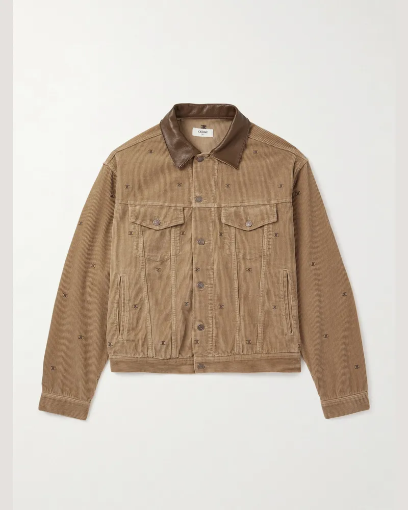Celine Jacke aus Baumwollcord mit Logostickereien und Lederbesatz Braun
