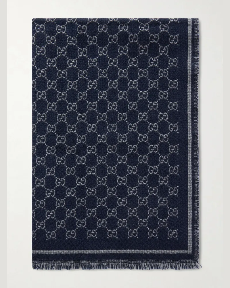 Gucci Fringed Logo-Jacquard NATIVA™ Regenerative Wool Scarf Blue