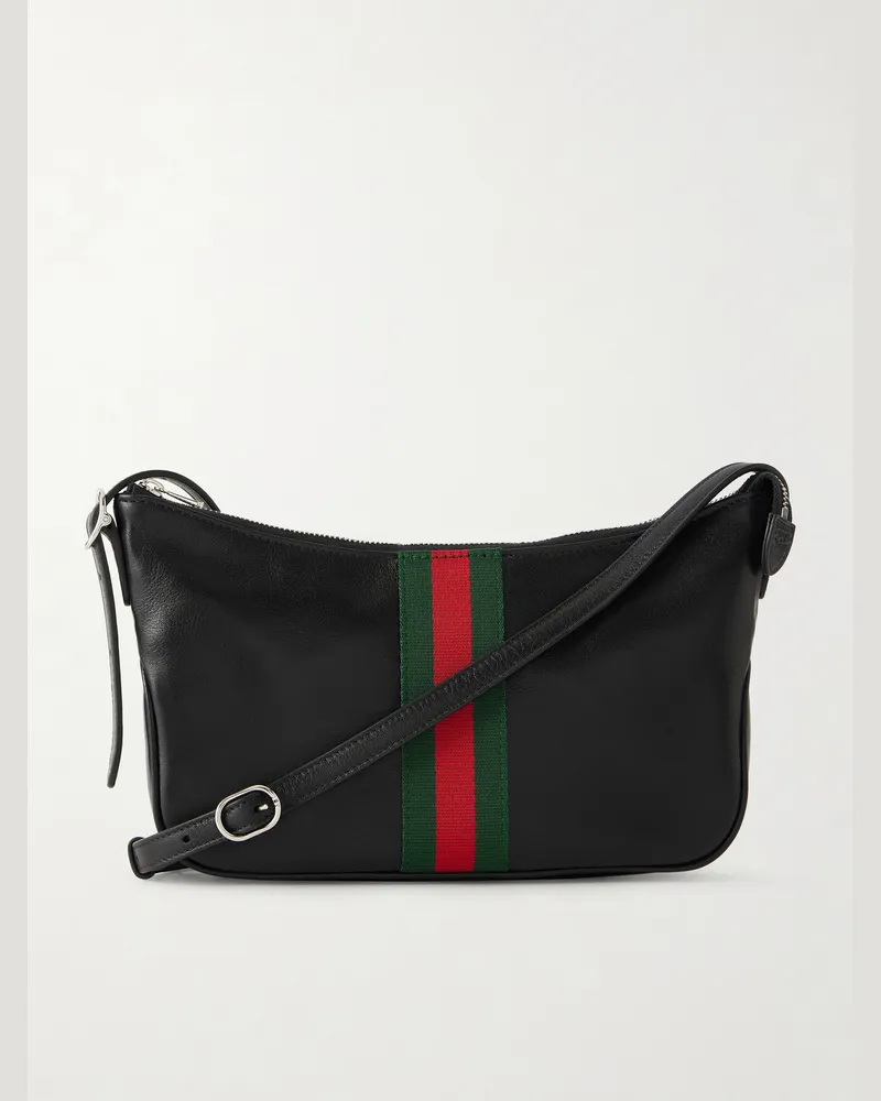Gucci Lunetta Umhängetasche aus Leder mit Webband Schwarz