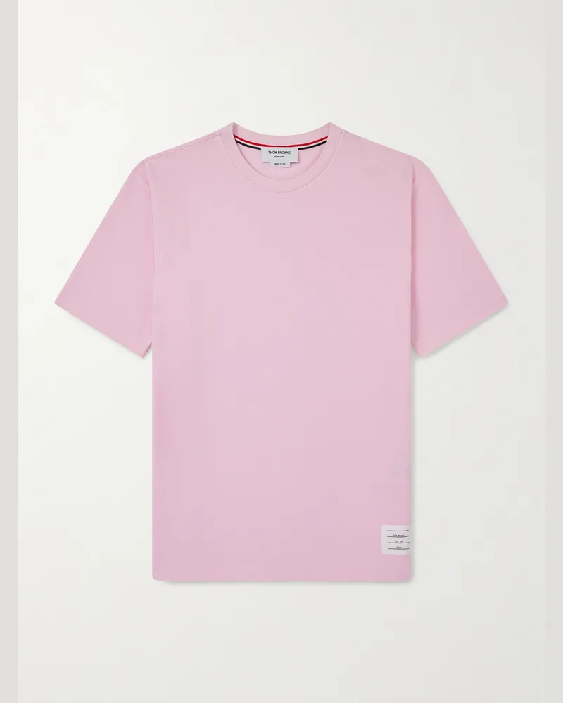Thom Browne T-Shirt aus Baumwoll-Piqué mit Logoapplikation und Streifen Pink