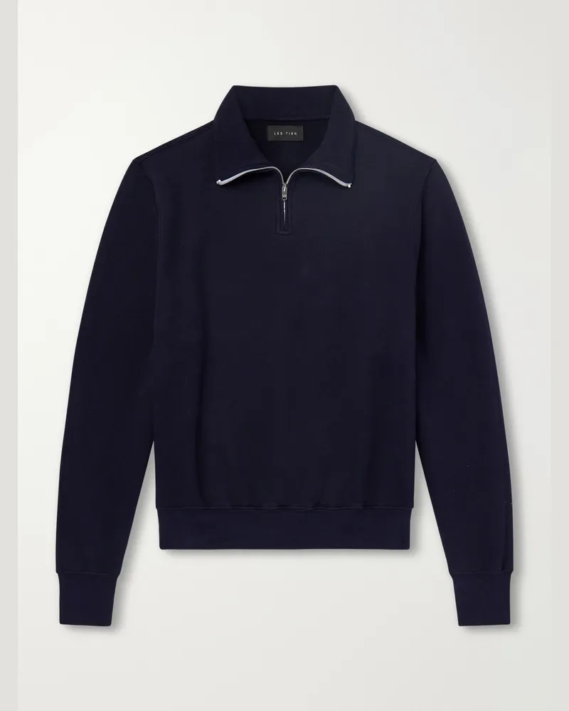 LES TIEN Yacht Garment-Dyed Cotton-Jersey Half-Zip Sweatshirt Blue