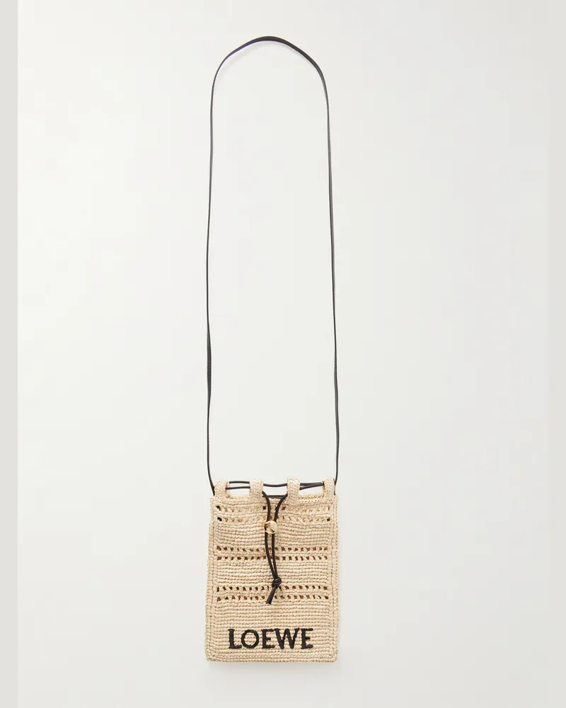 Loewe Paula's Ibiza Leather-Trimmed Embroidered Raffia Messenger Bag Neutrals
