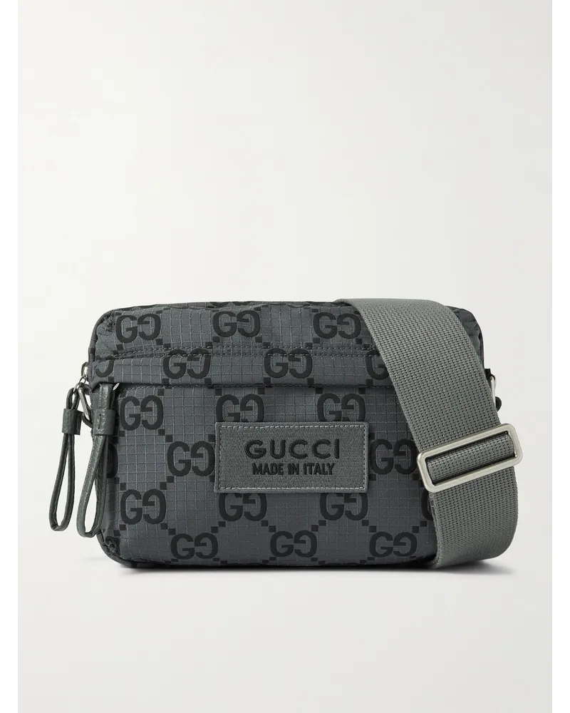 Gucci Umhängetasche aus Ripstop mit Logomuster, Logoapplikation und Lederbesatz Grau