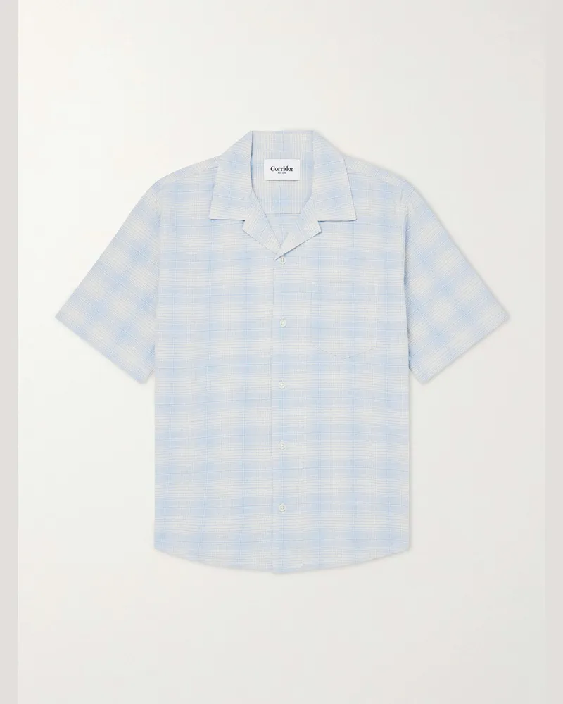 Corridor Camp-Collar Checked Cotton and Linen-Blend Shirt Blue