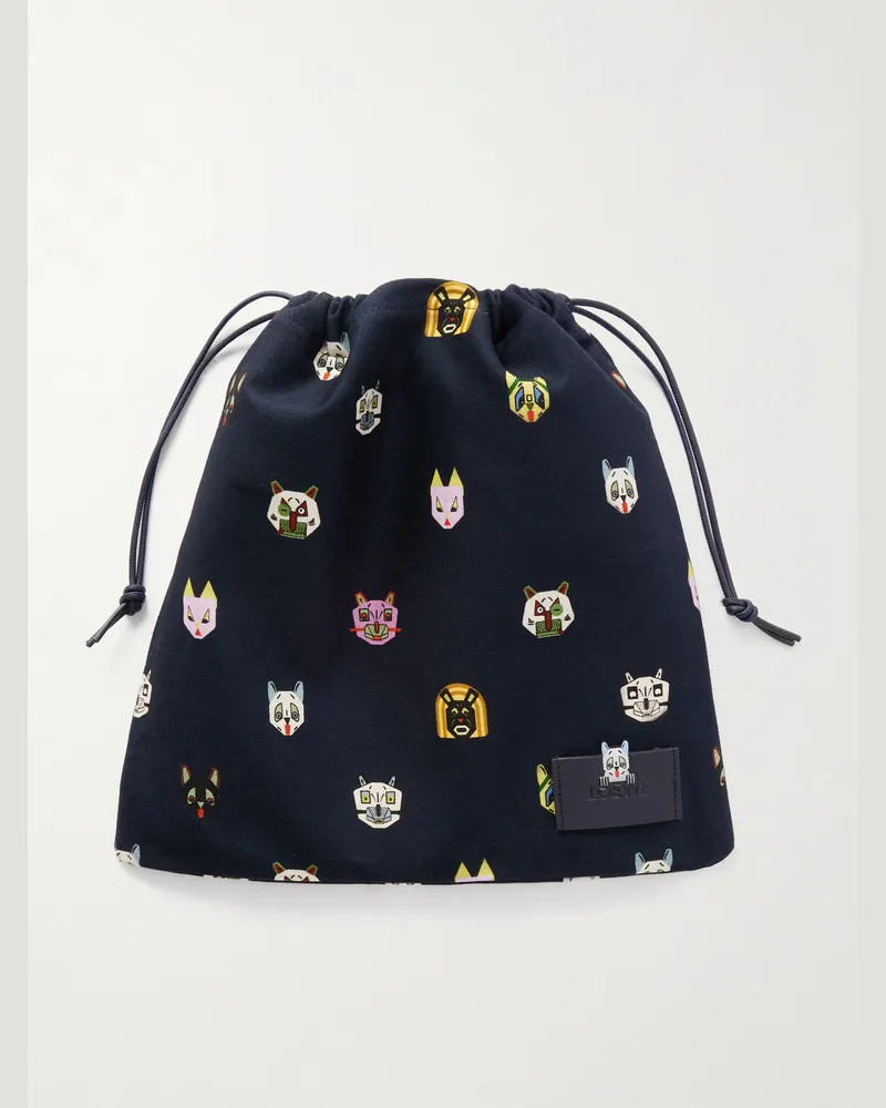 Loewe Louis Wain Beutel aus bedrucktem Twill mit Kordelzug und Lederbesatz Blau