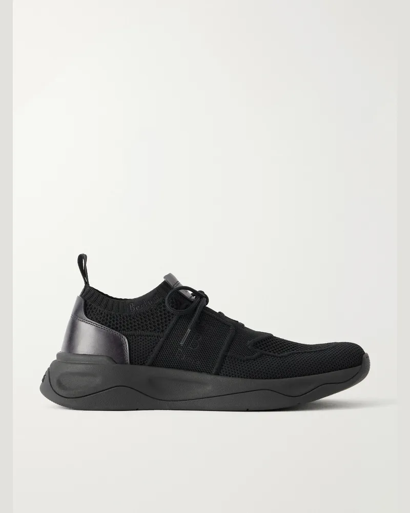 Berluti Shadow Leather-Trimmed Stretch-Knit Sneakers Black