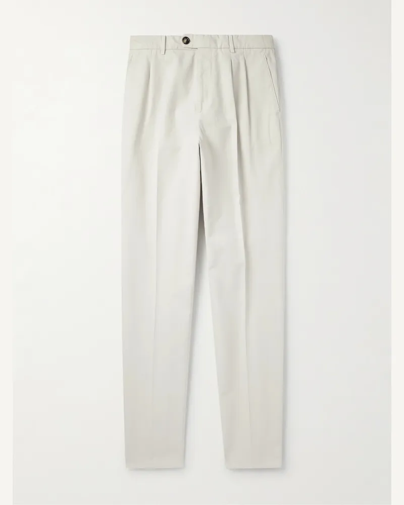 Brunello Cucinelli Straight-Leg Pleated Cotton Trousers White