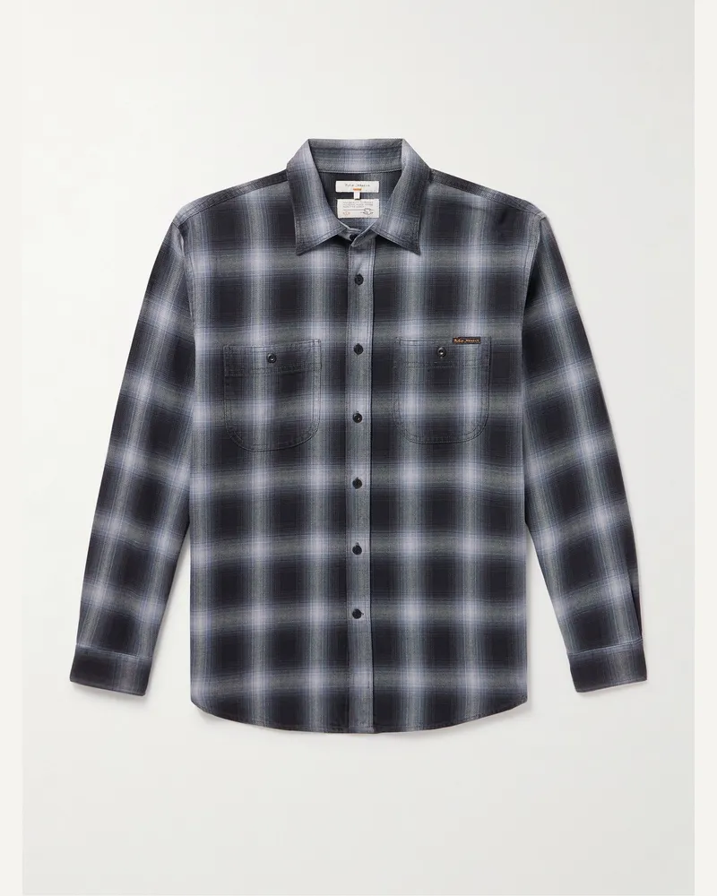 Nudie Jeans Julian kariertes Hemd aus gebürstetem Baumwollflanell Blau