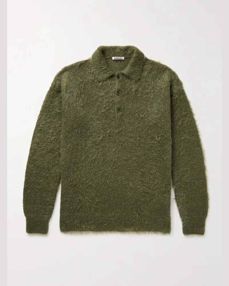 AURALEE Brushed Mohair and Wool-Blend Polo Sweater Green