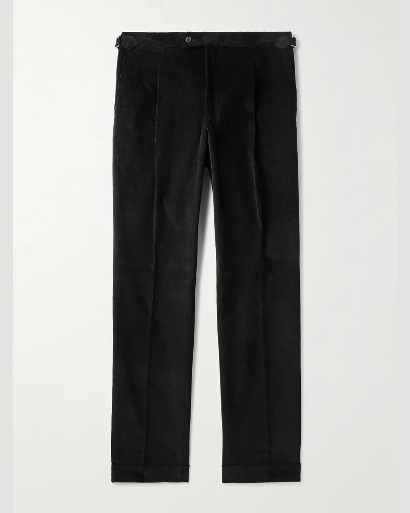 SAMAN AMEL Slim-Fit Pleated Cotton-Corduroy Trousers Black