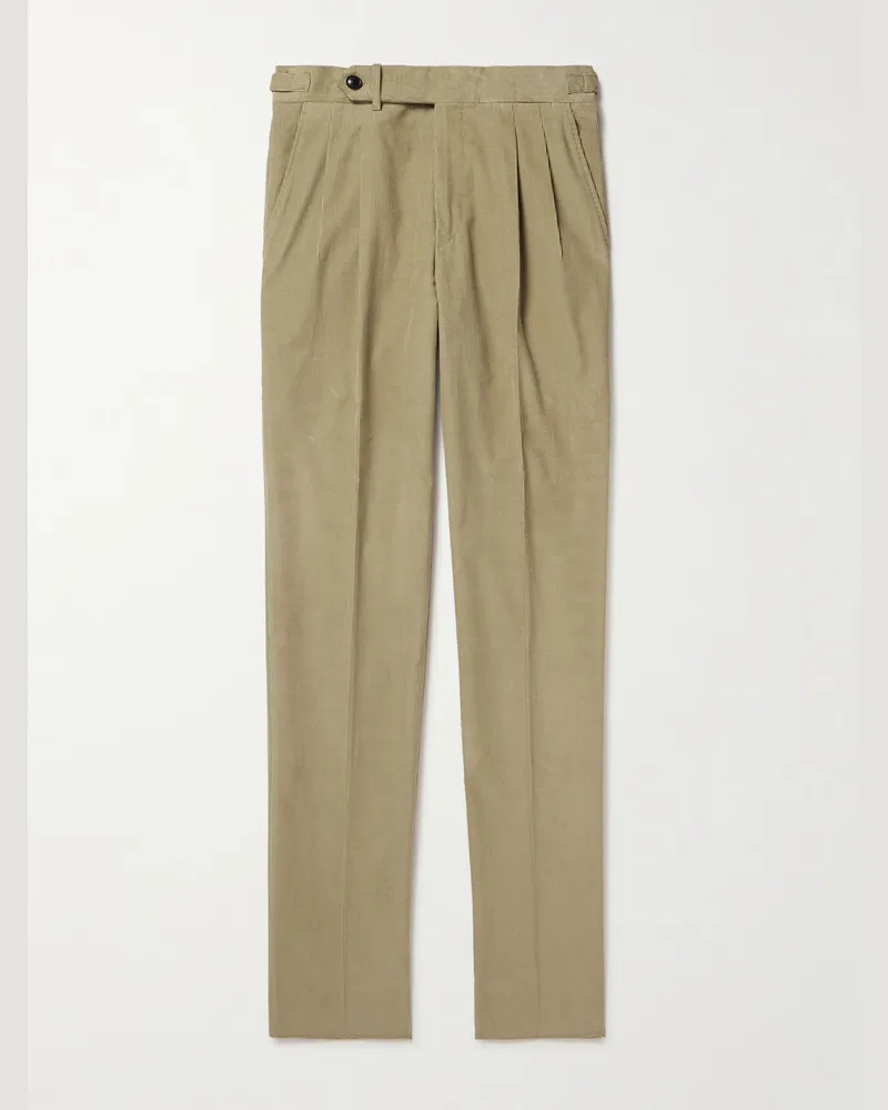 PURDEY Tapered Pleated Cotton-Corduroy Trousers Neutrals