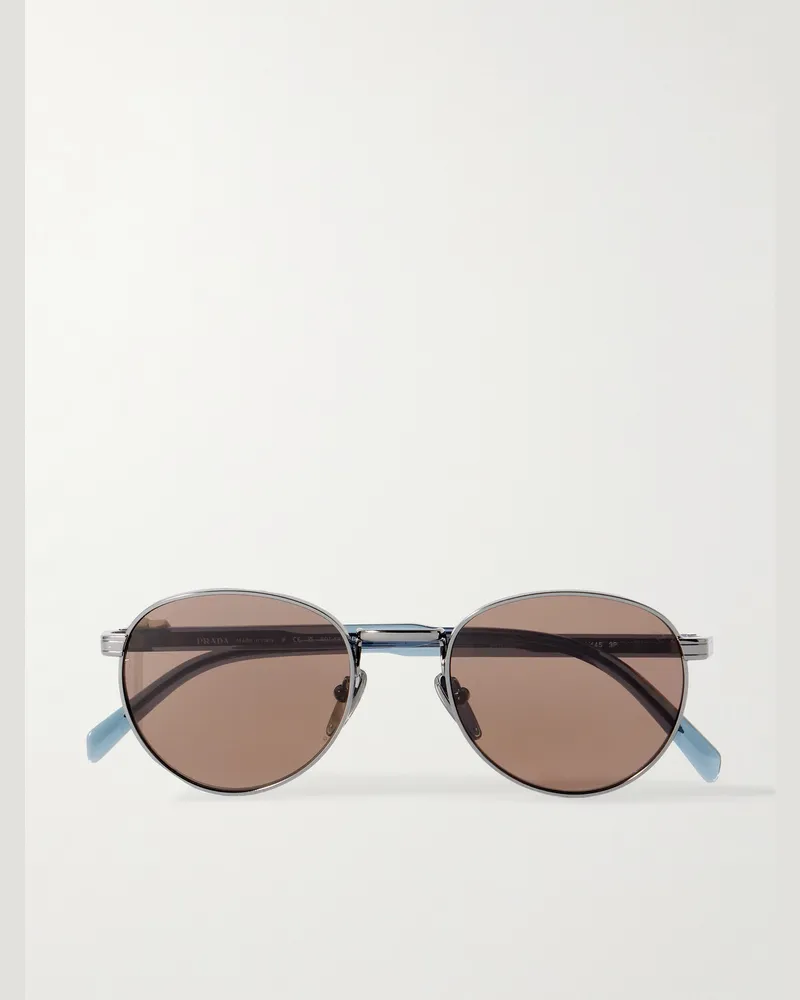 Prada Silberfarbene Sonnenbrille mit rundem Rahmen und Details aus Azetat Braun