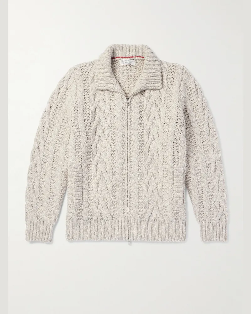 Brunello Cucinelli Cardigan aus einer Woll-Kaschmirmischung in Zopfstrick mit Reißverschluss Grau