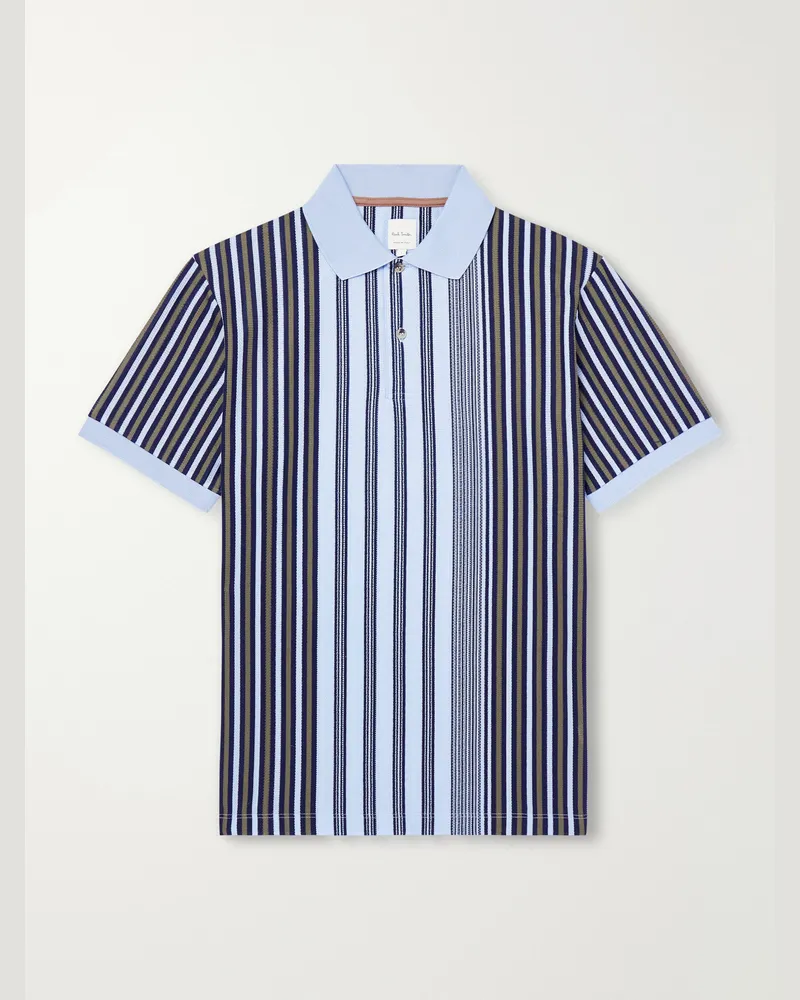 Paul Smith Striped Knitted Cotton Polo Shirt Blue