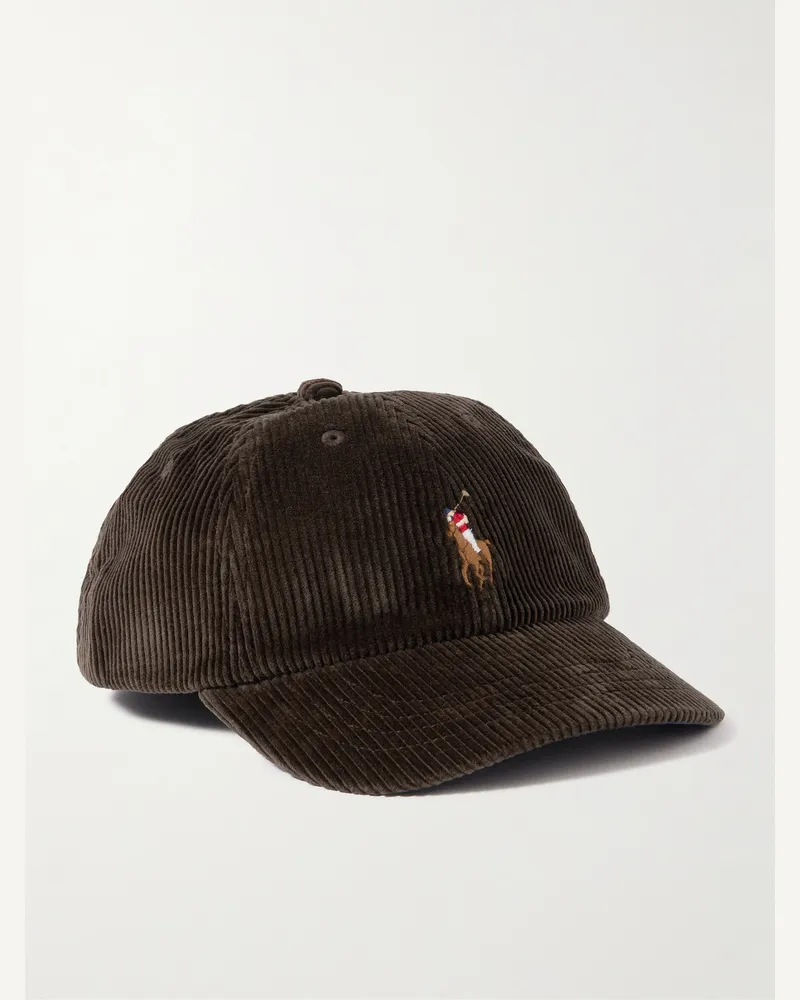 Ralph Lauren Baseballkappe aus Baumwollcord mit Logostickerei und Besatz aus vollnarbigem Leder Braun