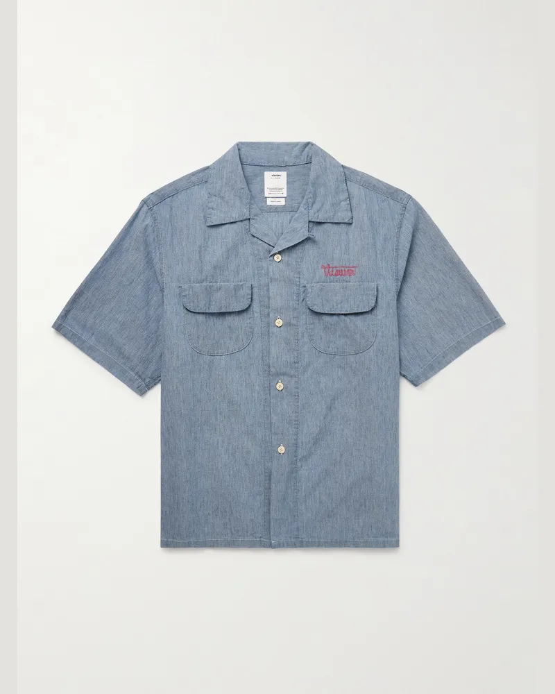 Visvim Keesey Convertible-Collar Logo-Embroidered Cotton and Silk-Blend Chambray Shirt Blue