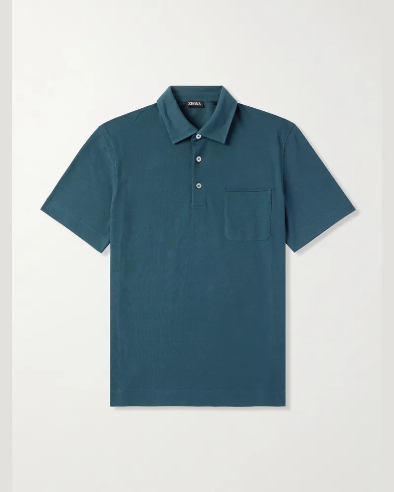 Ermenegildo Zegna Schmal geschnittenes Polohemd aus Baumwoll-Piqué mit Lederbesatz Blau