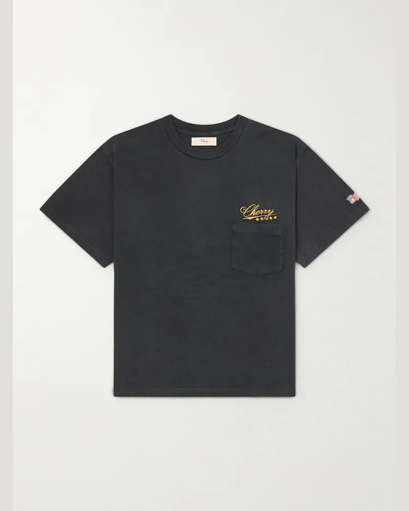 Cherry Los Angeles Five Star Logo-Embroidered Appliquéd Cotton-Jersey T-Shirt Black