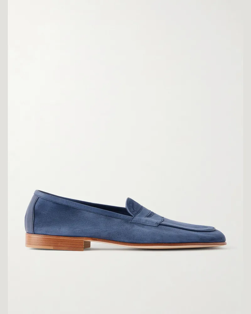 Edward Green Polperro Leather-Trimmed Suede Penny Loafers Blue