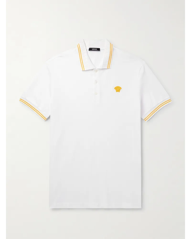 Versace Polohemd aus Baumwoll-Piqué mit Logostickerei und Streifen Weiß