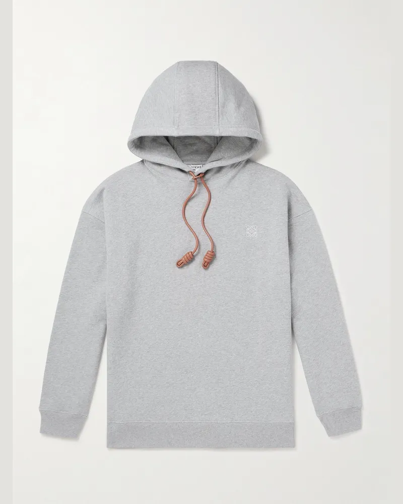 Loewe Logo-Embroidered Leather-Trimmed Cotton-Jersey Hoodie Gray
