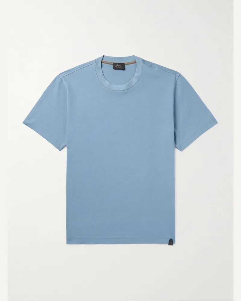 Brioni T-Shirt aus Baumwoll-Jersey mit Lederbesatz Blau