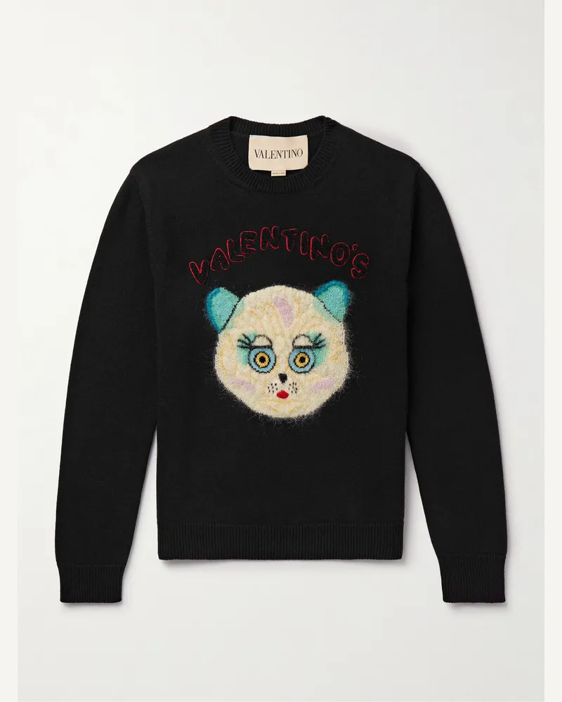 Valentino Garavani Pullover aus einer Baumwoll-Schurwollmischung mit Intarsienmotiv und Logoapplikation Schwarz