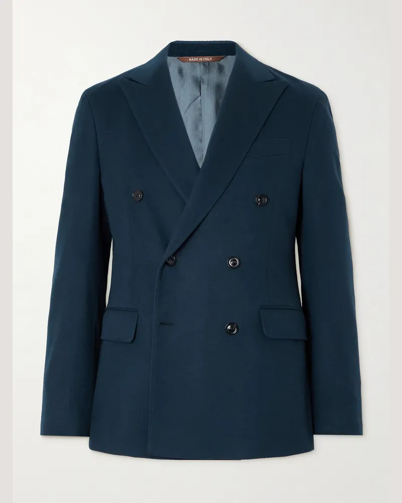 Canali Double-Breasted Brushed Wool and Cashmere-Blend Blazer Blue