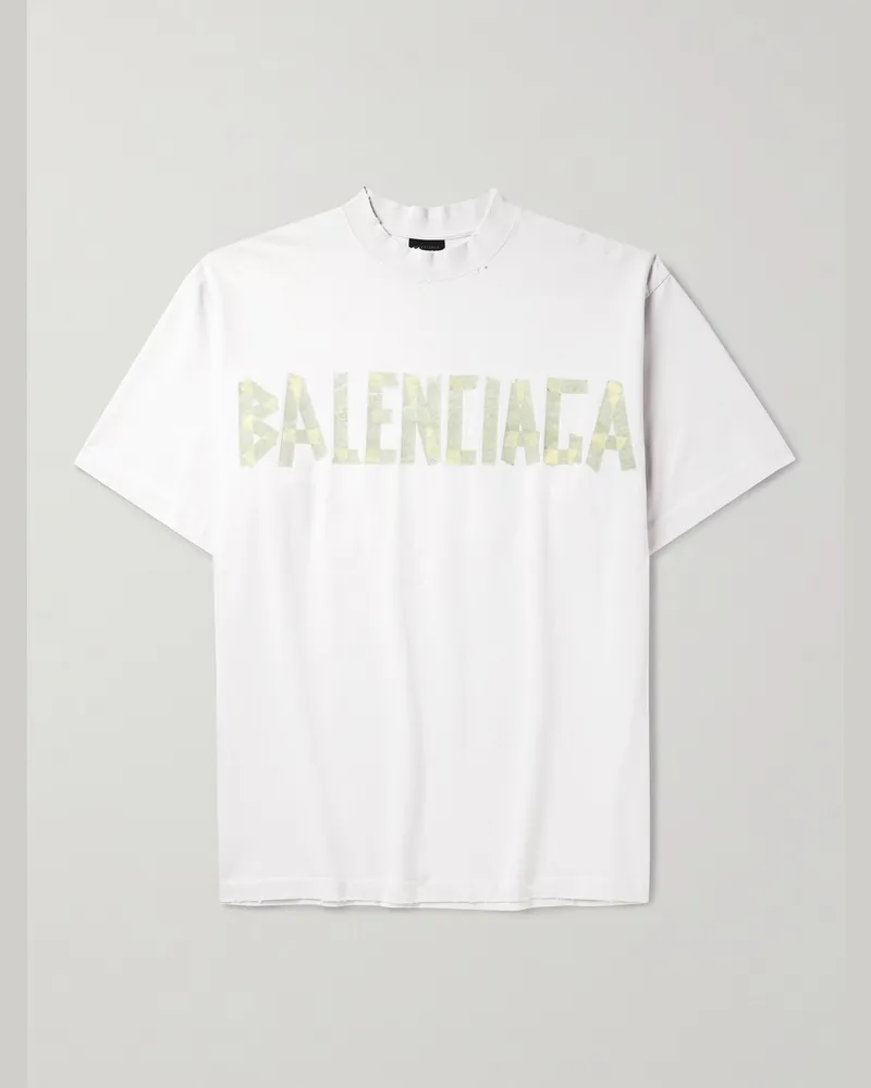 Balenciaga Oversized Distressed Logo-Print Cotton-Jersey T-Shirt White