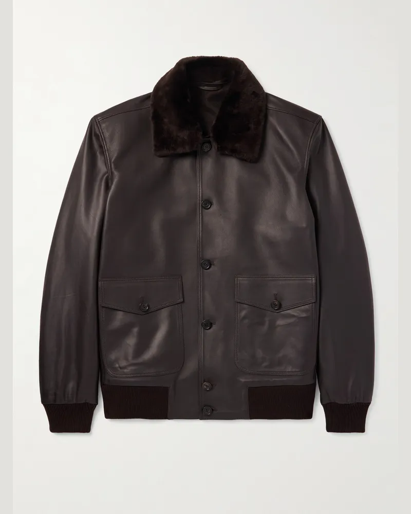 Thom Sweeney Shearling-Trimmed Leather Jacket Brown