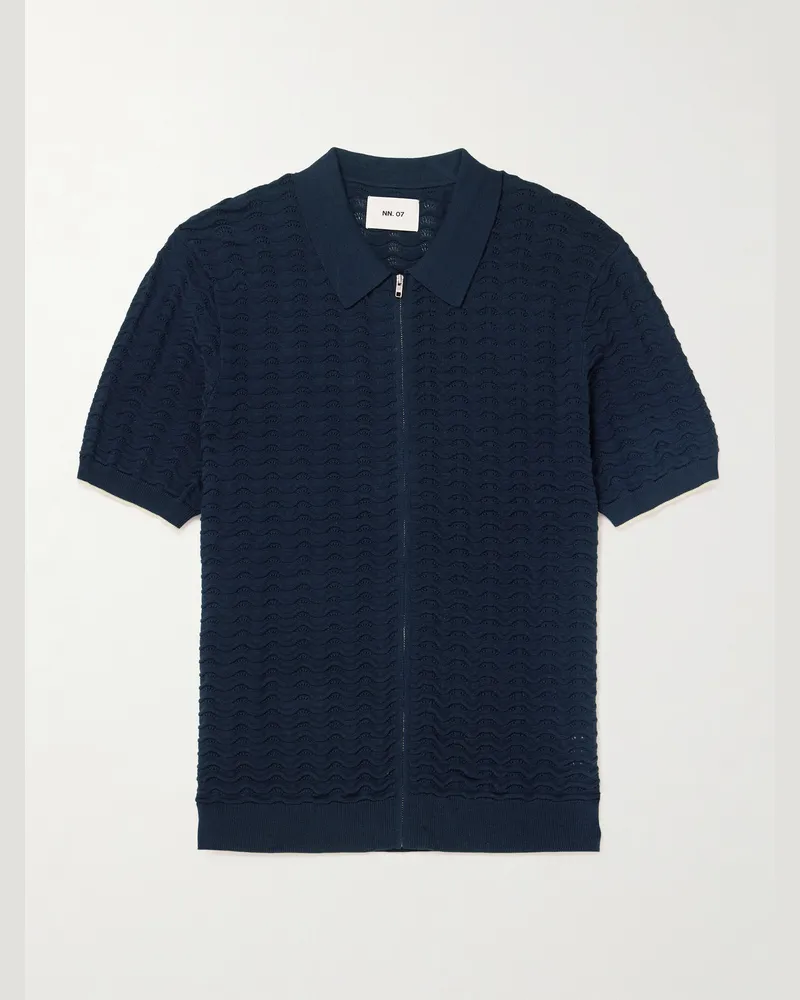 NN 07 Gustav 6636 Textured-Knit Organic Cotton Zip-Up Polo Shirt Blue