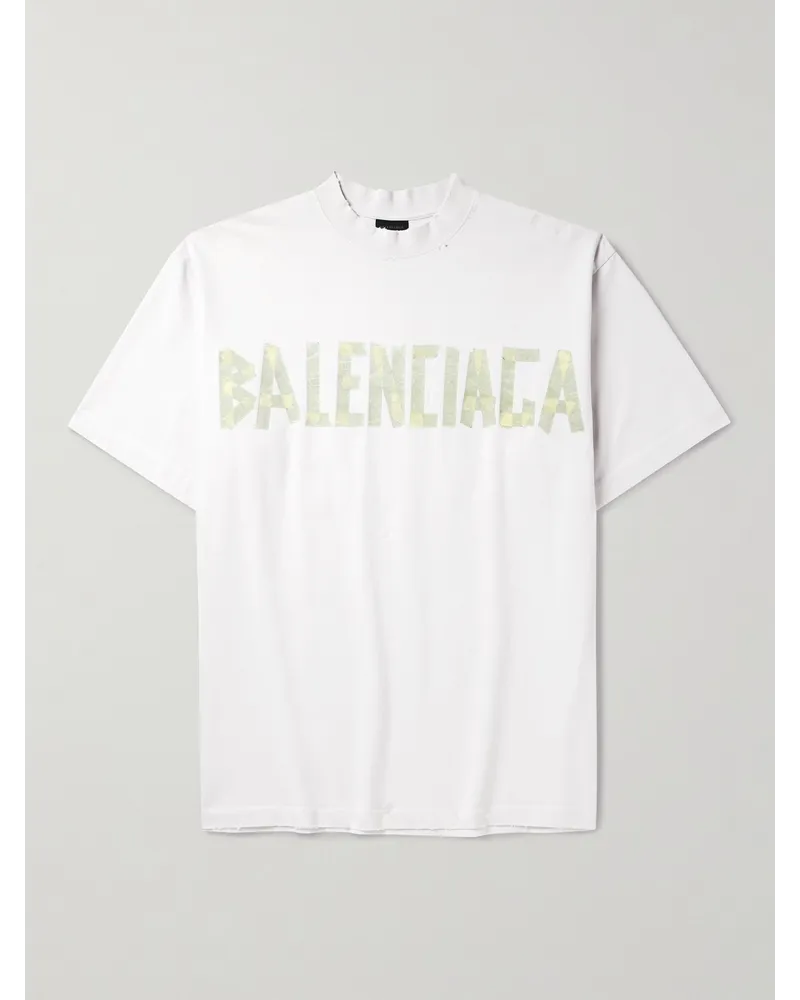 Balenciaga Oversized-T-Shirt aus Baumwoll-Jersey mit Logoprint in Distressed-Optik Weiß