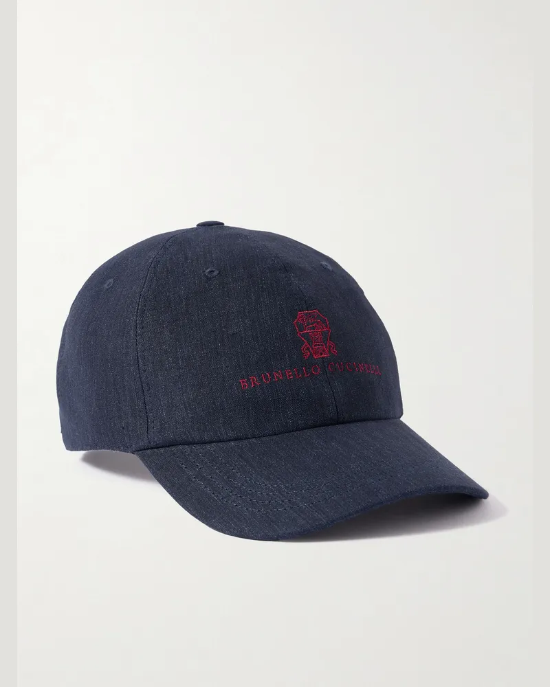 Brunello Cucinelli Baseballkappe aus Leinen mit Logostickerei Blau