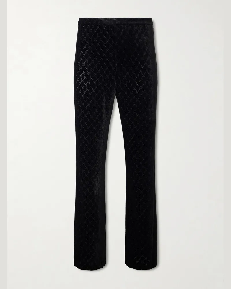 Gucci Straight-Leg Logo-Devoré Velvet Trousers Black