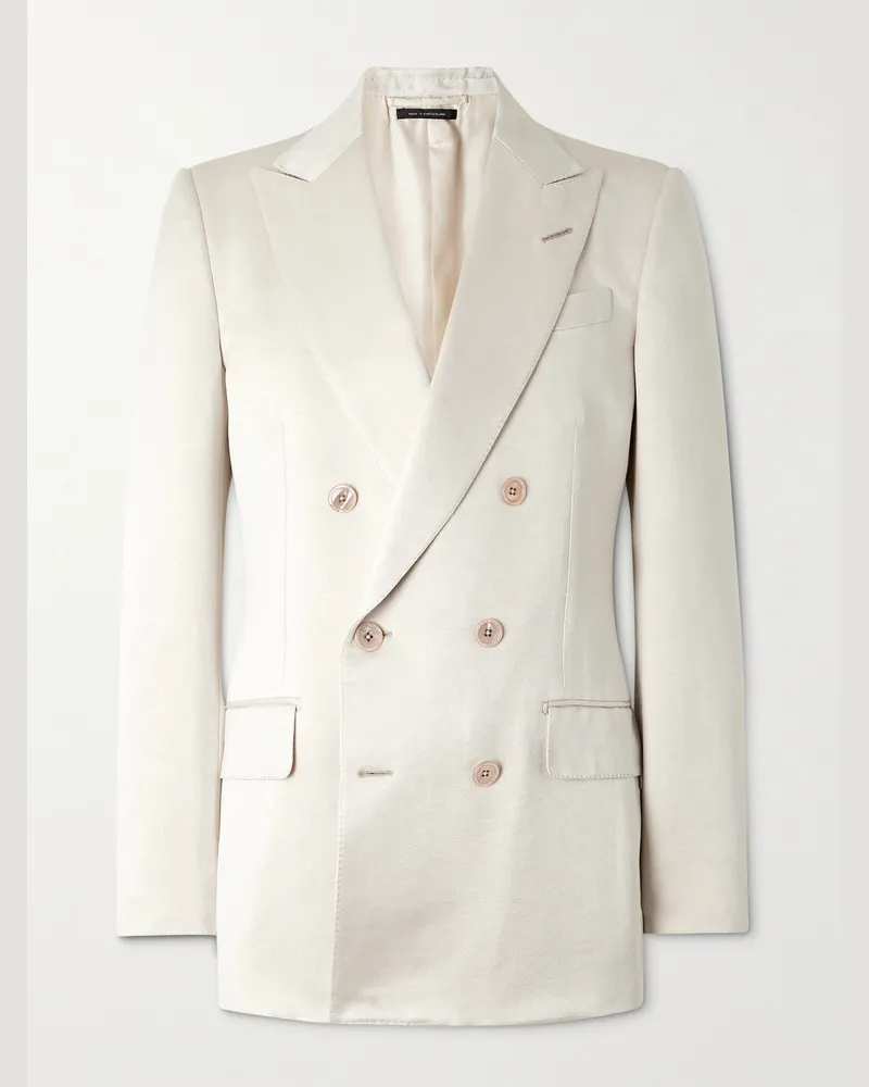 Tom Ford Doppelreihige Smokingjacke aus Satin aus einer Baumwoll-Seidenmischung Weiß
