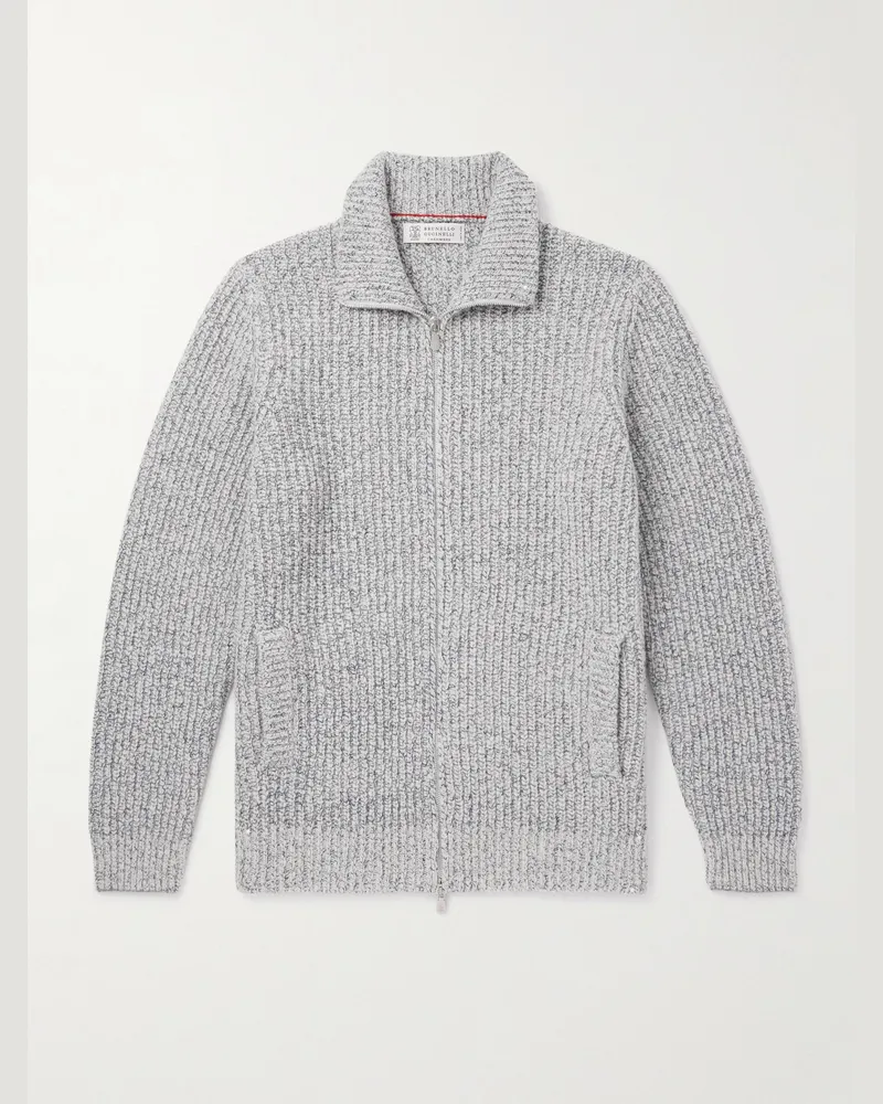 Brunello Cucinelli Cardigan aus einer Mischung aus Wolle, Seide und Kaschmir in Rippstrick mit Reißverschluss Neutral
