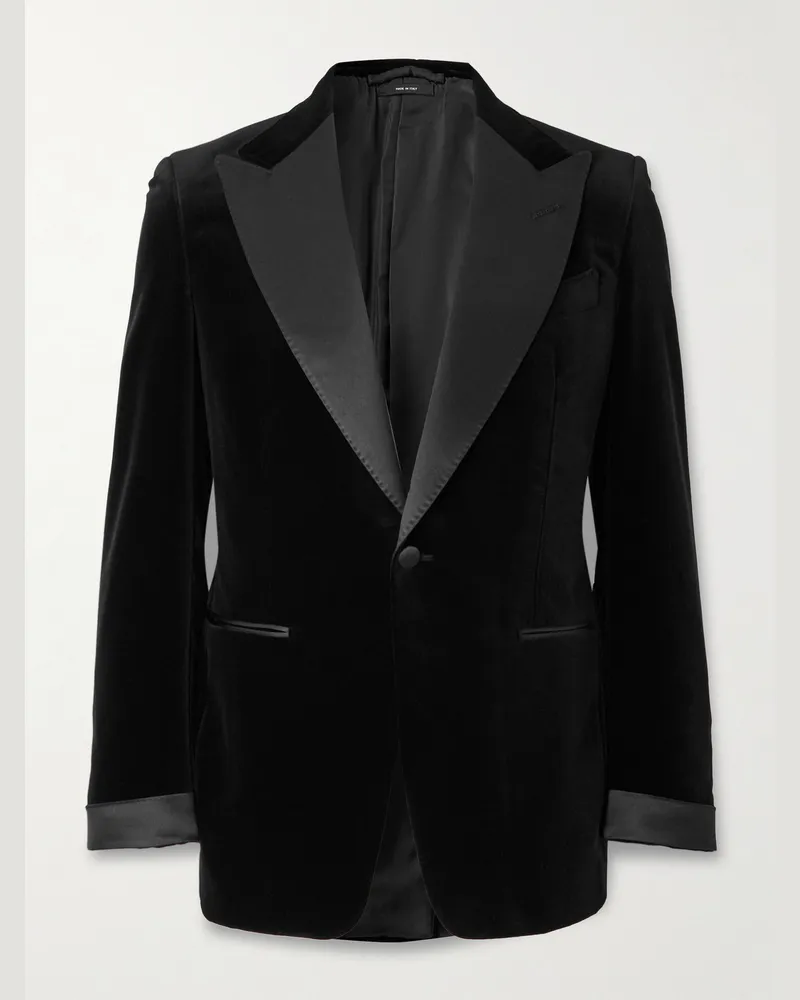Tom Ford Schmal geschnittene Jacke aus Baumwollsamt mit Satinbesatz Schwarz