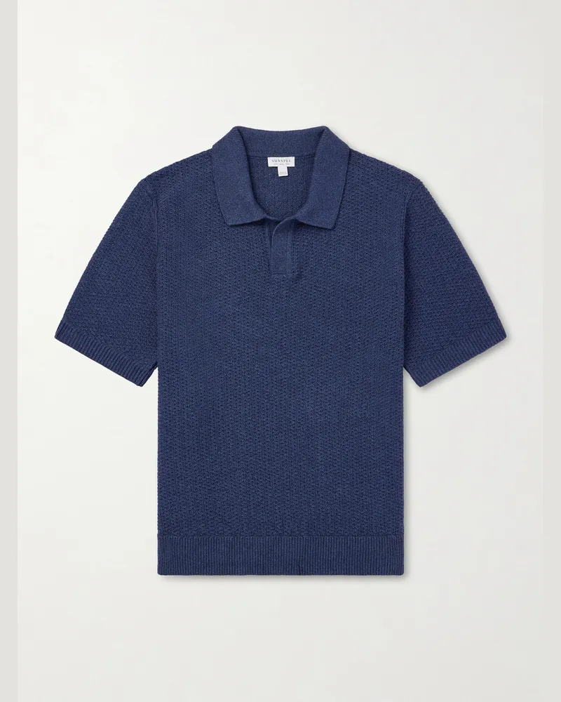 Sunspel Vintage Cotton-Mesh Polo Shirt Blue