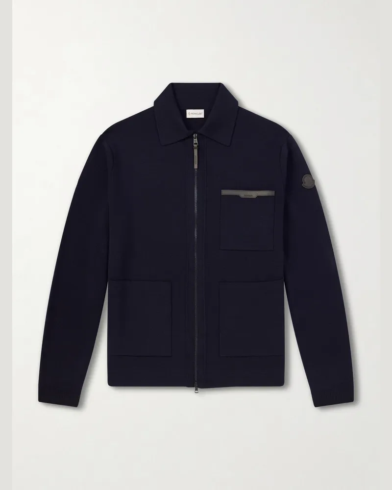 Moncler Leather-Trimmed Virgin Wool Zip-Up Cardigan Blue