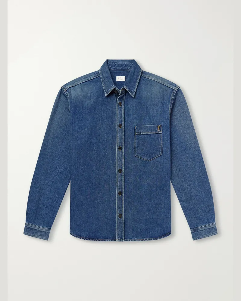 Saint Laurent Logo-Embroidered Denim Shirt Blue