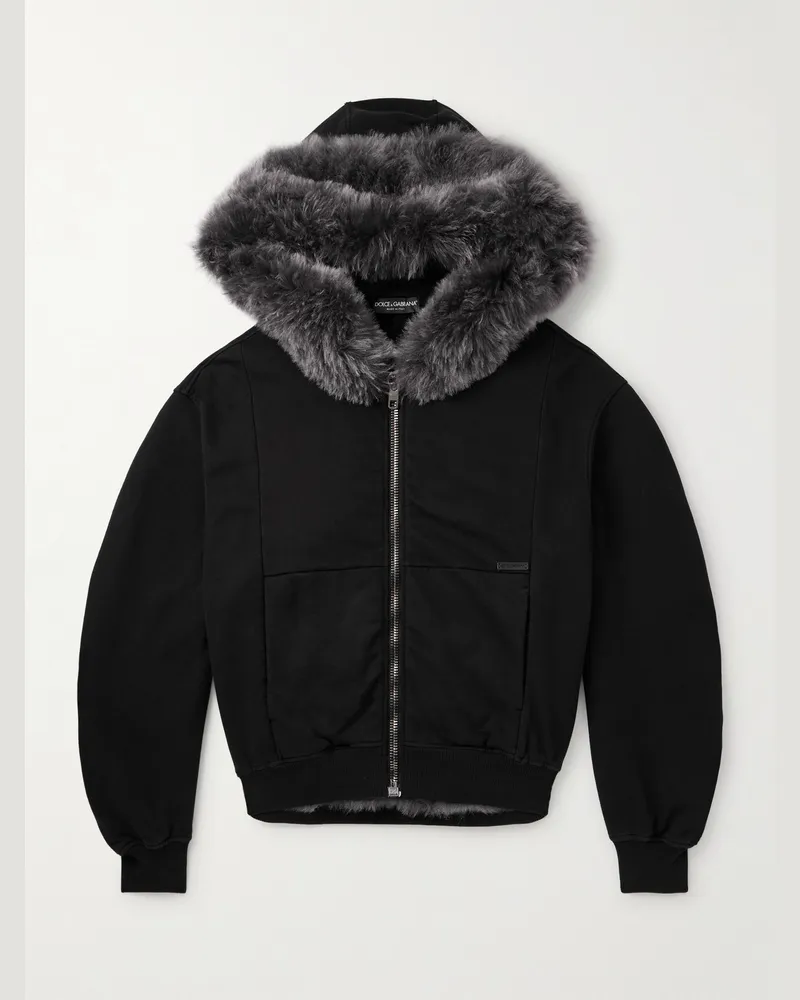 Dolce & Gabbana Kapuzenjacke aus Baumwoll-Jersey mit Shearling-Besatz Schwarz