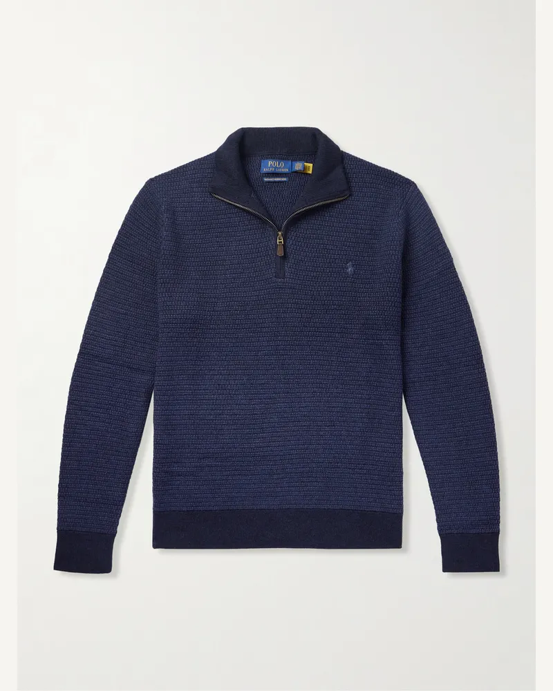 Ralph Lauren Pullover aus Merinowolle mit kurzem Reißverschluss und Logostickerei Blau