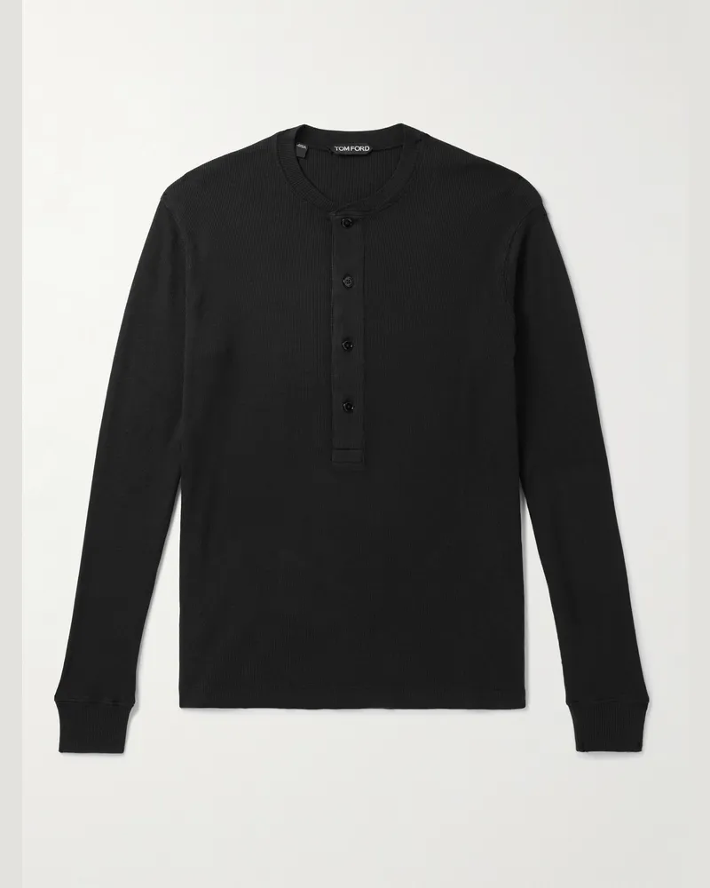Tom Ford Schmal geschnittenes Henley Shirt aus geripptem Jersey aus einer Baumwoll-Modalmischung Schwarz