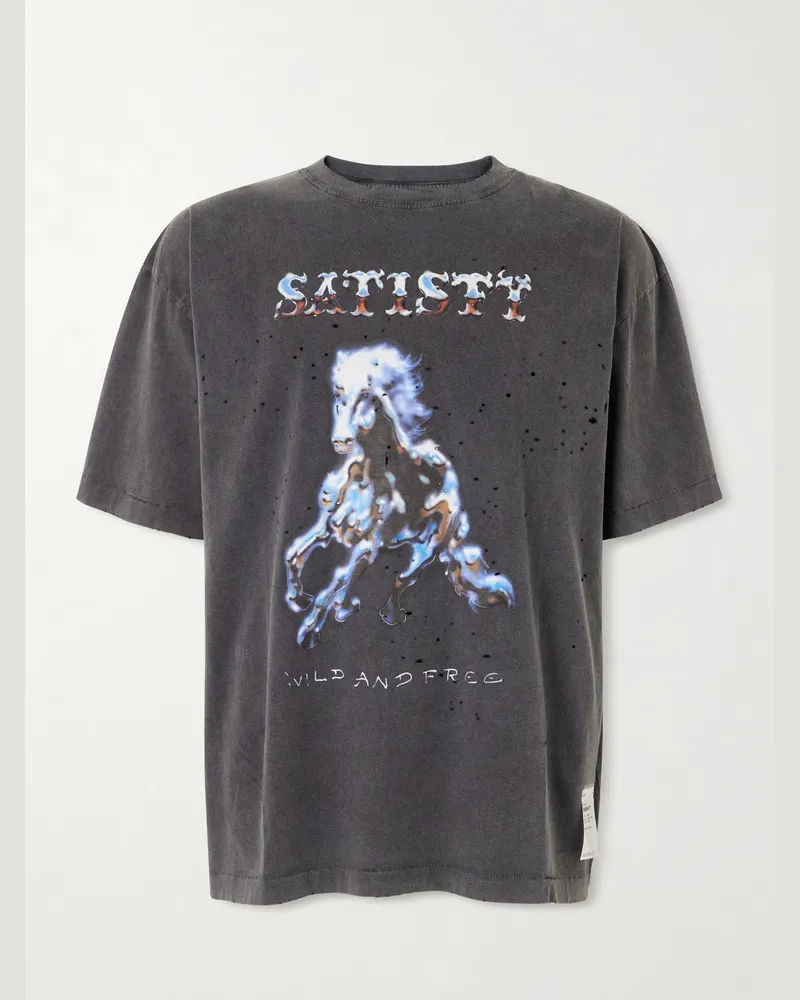 Satisfy Logo-Print Distressed MothTech™ Organic Cotton-Jersey T-Shirt Gray