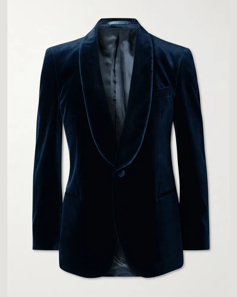 MR P. Schmal geschnittene Smokingjacke aus Baumwollsamt mit Schalkragen Blau