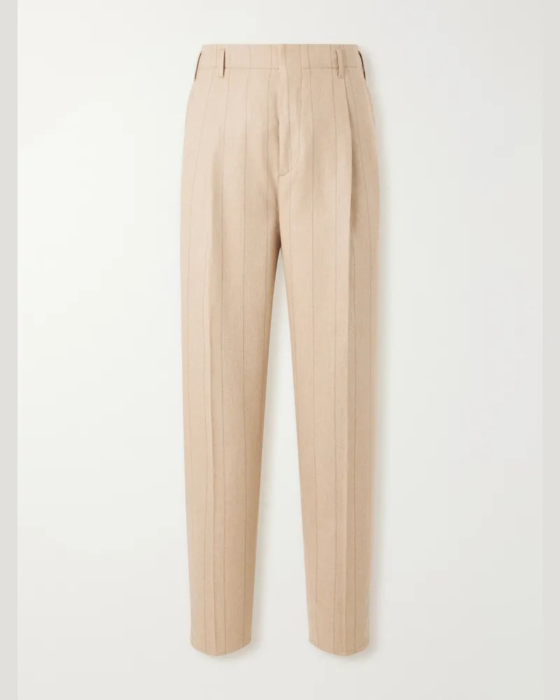 Brunello Cucinelli Striped Pleated Straight-Leg Wool-Silk and Cashmere-Blend Flannel Suit Trousers Brown