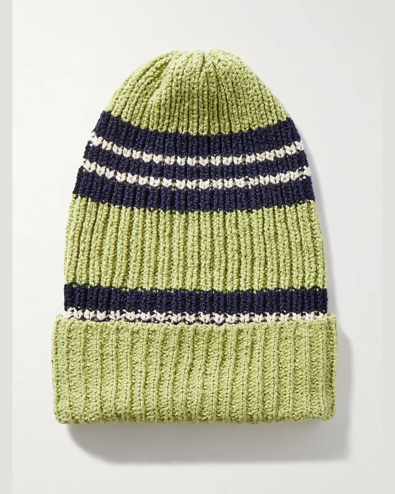 The Elder Statesman Nora Beanie aus Baumwolle in Rippstrick mit Streifen Grün