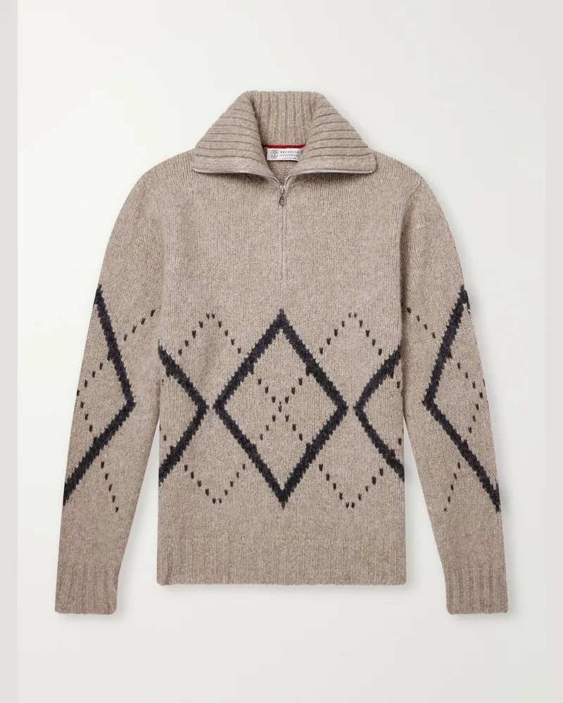 Brunello Cucinelli Fair Isle Cashmere and Silk-Blend Half-Zip Sweater Neutrals